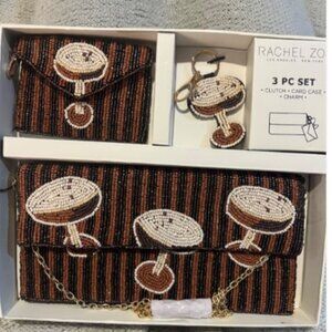 RACHEL ZOE 3 PC SET BEADED STRIPED ESPRESSO MARTINI CLUTCH CARD CASE & BAG CHARM